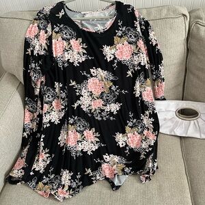 LARA Black Long-Sleeve Scoop Neck Top with Pink Floral Print